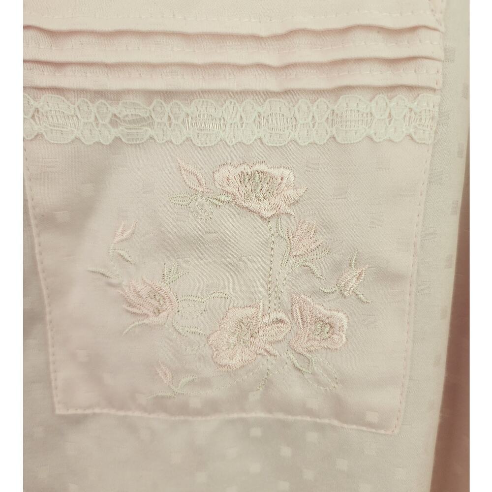 Miss Elaine Women L Long-Sleeve Pink Button Satin Flannel Embroidered Nightshirt - Picture 4 of 8